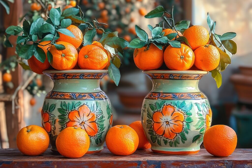Colorful Sicilian Ceramic Vases with Oranges in Natural Light