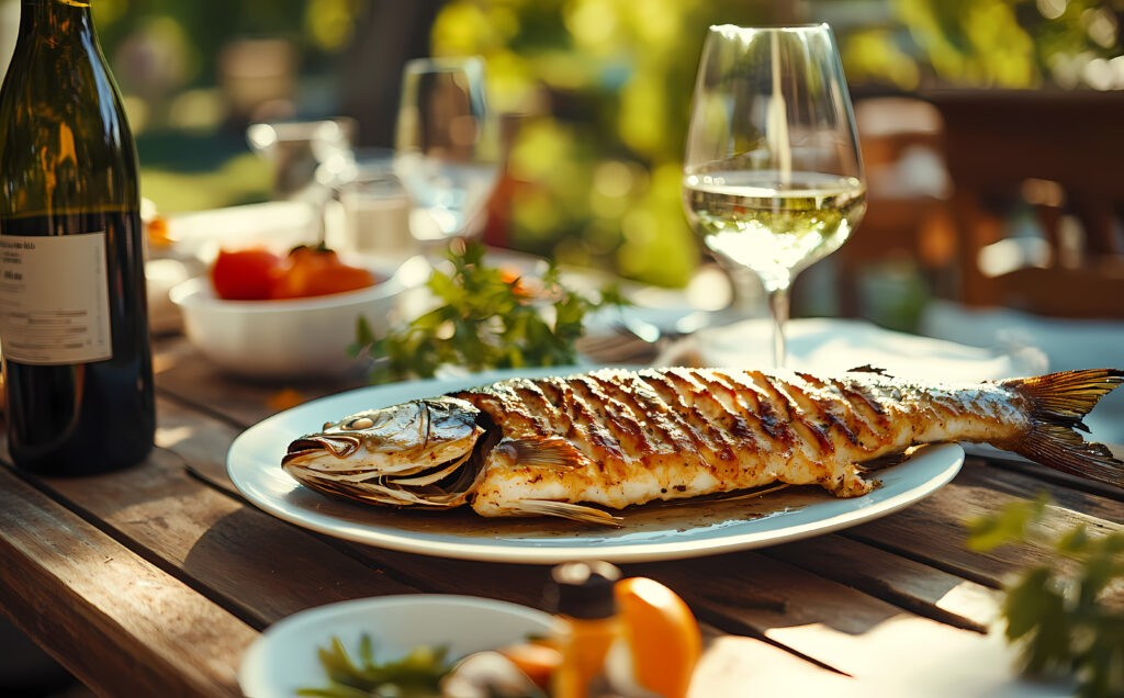 Gourmet Delight: A close-up of a grilled fish, prepared to perfection. The fish takes center stage on a beautifully set outdoor table. Glass of wine complements this scene.