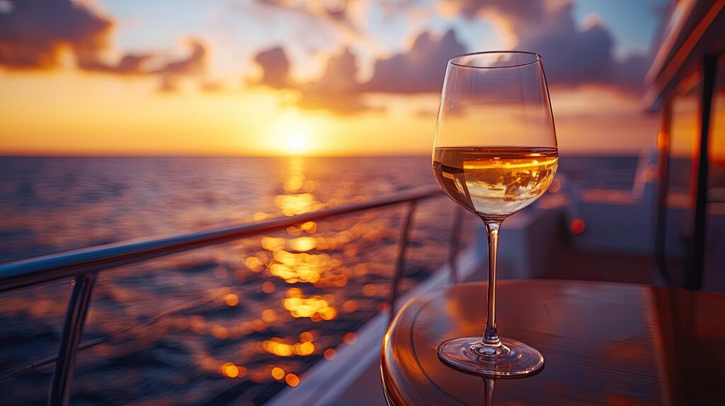 Glass of white wine placed on a table aboard a luxury yacht during a stunning sunset. --chaos 20 --ar 16:9 --quality 2 --raw --stylize 500 --v 6.1 Job ID: 936c3551-dbd3-498a-8456-ae2ebbde9490