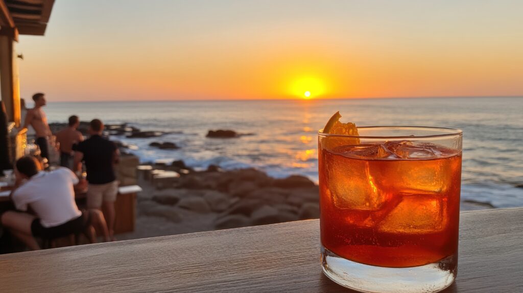 Vibrant orange cocktail at golden hour on a beachfront bar, glowing ocean in the background and people socializing in soft focus --chaos 20 --ar 16:9 --v 6.1 Job ID: 00ed12c1-b8a7-4714-8cfb-93f5157411b5