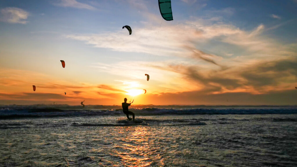 Kite Surf at Table Mountain Landscape with Beautiful Colorful Sunset and Clouds, Cape Town, South Africa