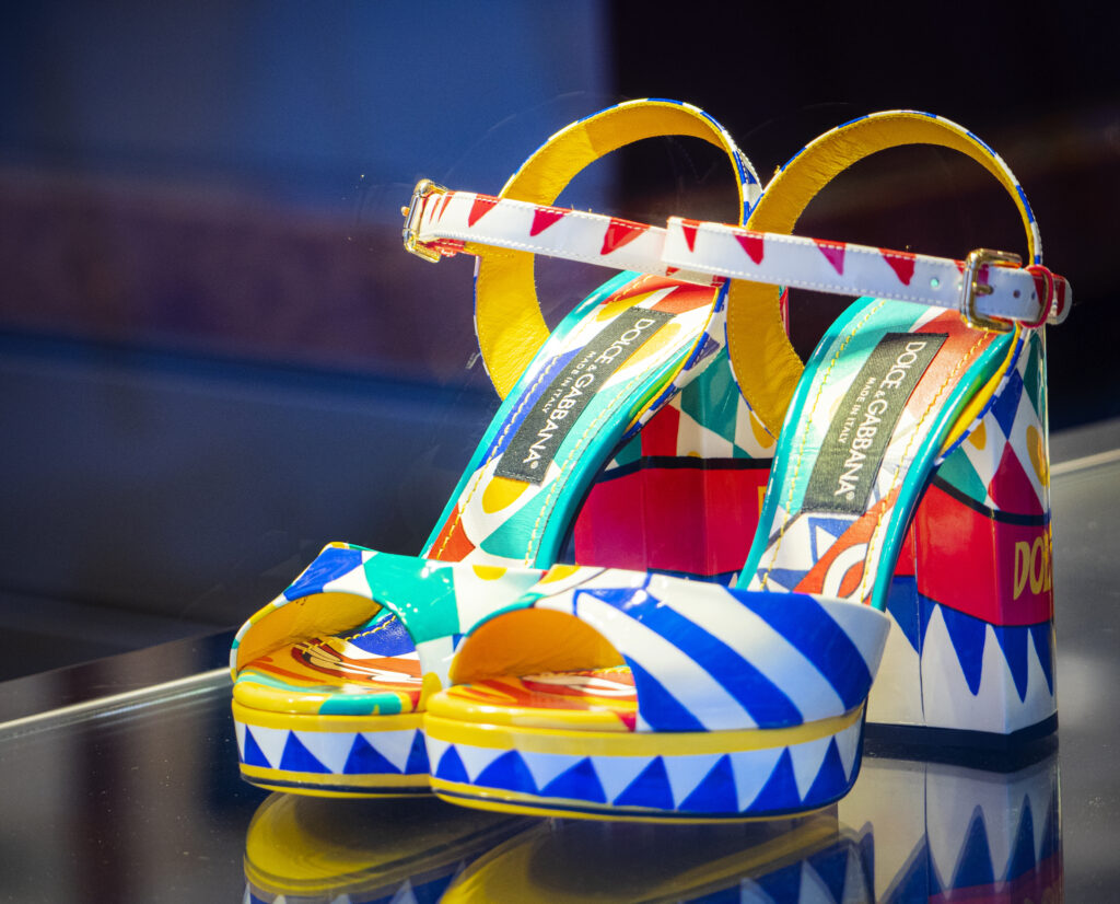 Brightly colored women's summer heeled sandals,Sicily collection by Dolce & Gabbana.Milan - Italy,11 August 2023