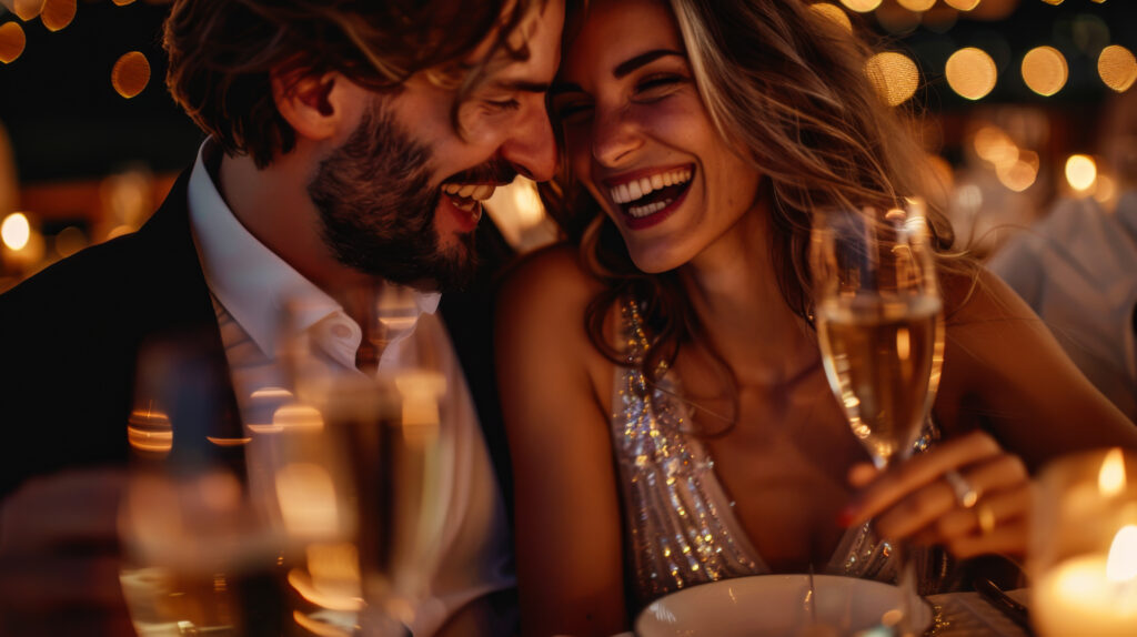 A happy couple in festive clothes sits at a table in a restaurant and drinks champagne. Young man and woman enjoying a date and spending time together. Love concept.