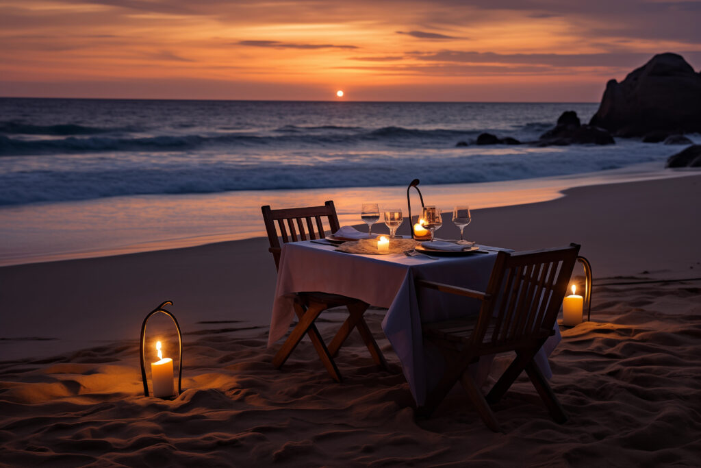 Cozy candlelit dinner for two on a secluded beach with waves crashing gently in the background. Beautiful nature landscape, calm ocean. Generative AI
